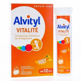 Alvityl Vitalité Orange –12 Vitamines & 8 Minéraux –Riche en Fer & Magnésium– Comprimés Effervescents Sans Sucre (Dès 12 Ans)