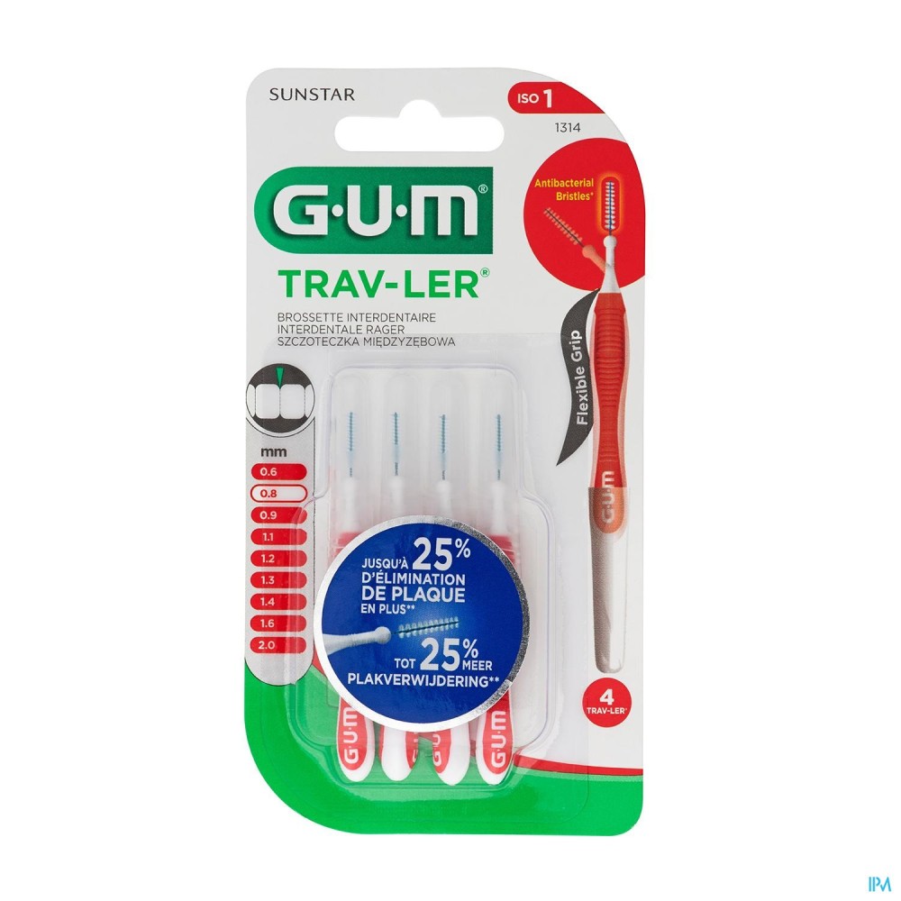 t GUM Brossette Interdentaire Réutilisable Trav-Ler 0.8 mm (Réf : 1314) – Boîte de 4 | BigPara Tunisie